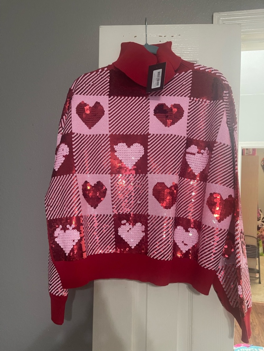 Brianna Cannon Women’s Red and Pink Sequin Heart Turtleneck Sweater AND SKORT